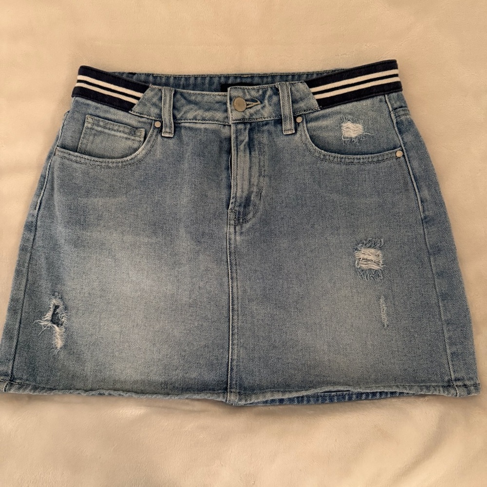 Distressed Denim Mini Skirt Striped Elastic size 28